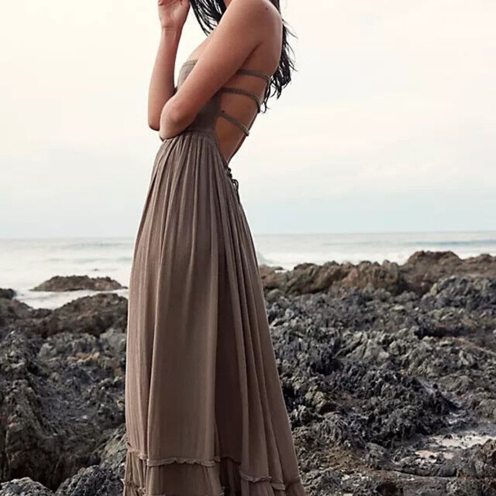 Free People Extratropical Maxi Dress Olive Stone Smocked M - Picture 2 of 9